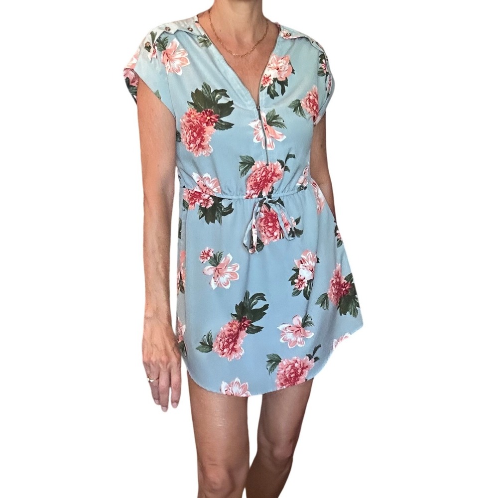 Speed Control New York Blue Floral Half Zip Mini Dress Womens Medium Cap Sleeve